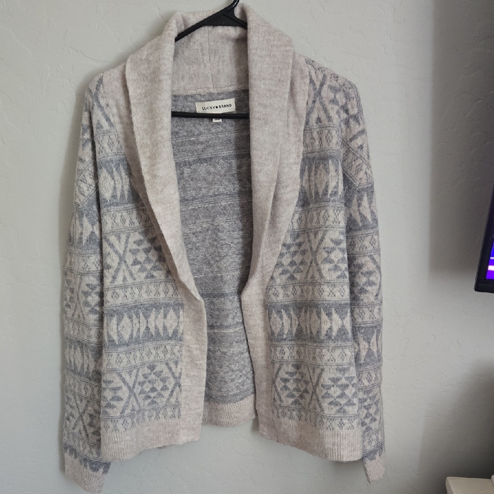 Lucky Brand Cream and Gray Patterned Cardigan